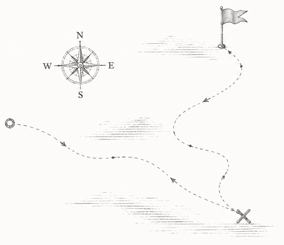 Hand-drawn map illustration showing a winding path from a compass to a flag and X — a funding plan as a route, not a single offer.