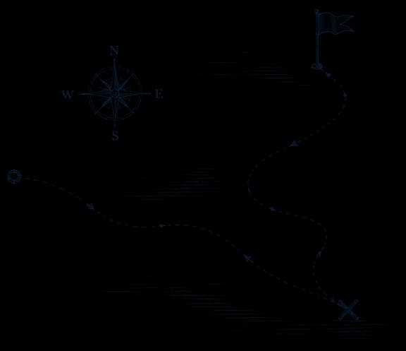Hand-drawn map illustration showing a winding path from a compass to a flag and X: a funding plan as a route, not a single offer.
